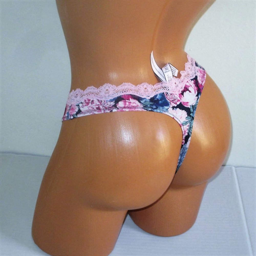 Victoria's Secret Dream Angels Thong Panty XS S Rhinestone "V" Floral Blue Pink